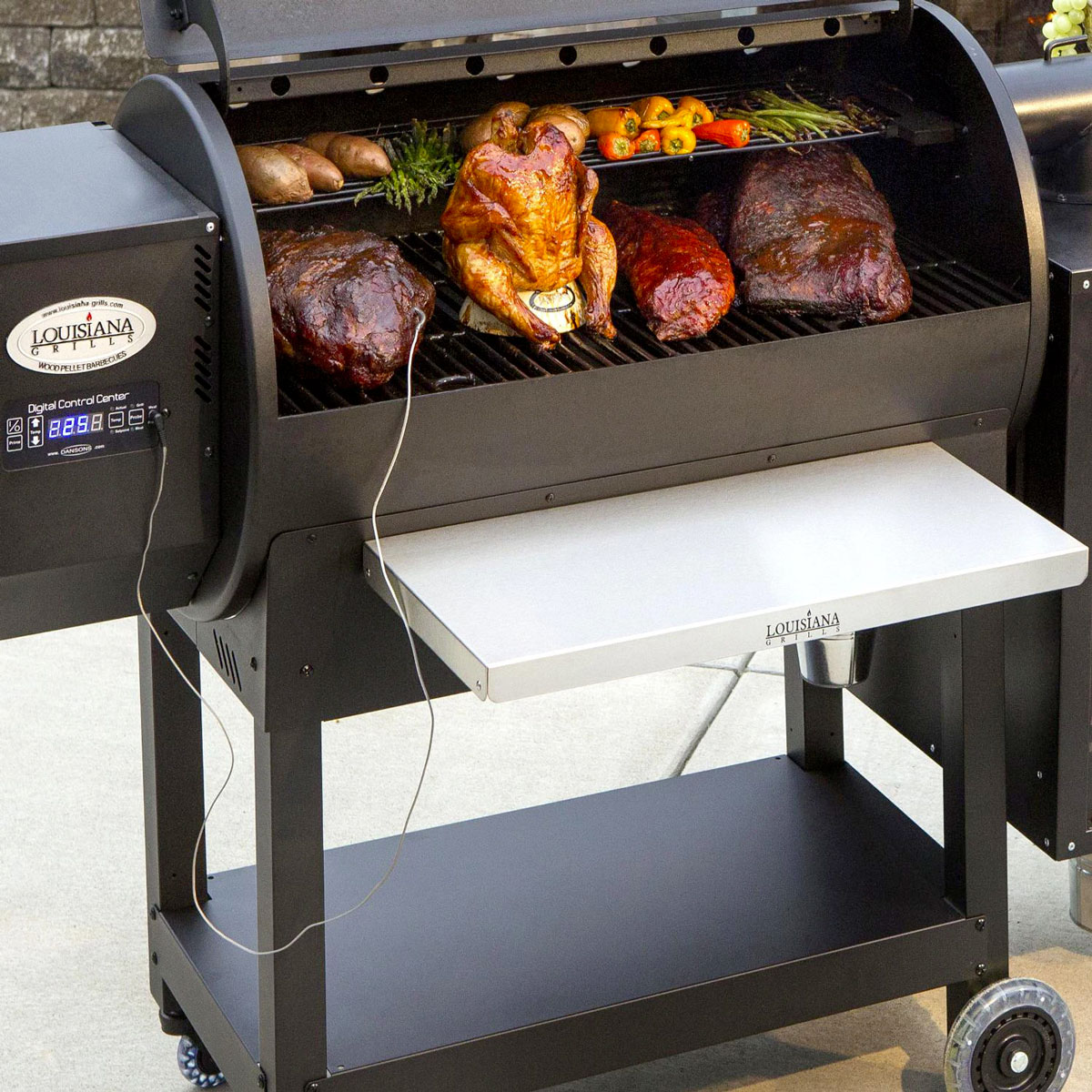 Louisiana-Grills-Stainless-Steel-Deluxe-Front-Shelf-Lifestyle